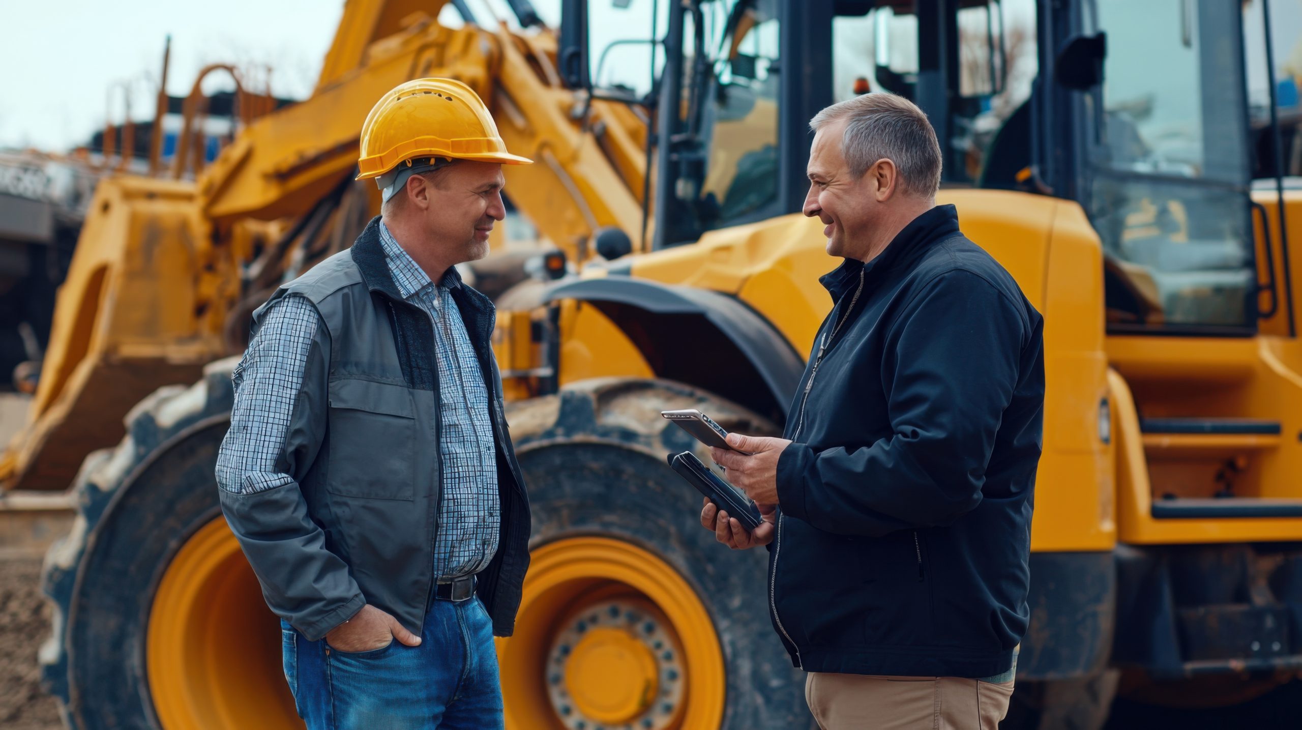 Bieter unterhält sich mit Versteigerer bei Abholung Baumaschinen aus Industrieversteigerungen